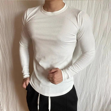 AIDASE  -  Sports Long-sleeved T-shirt Fitness Tights Slim Elastic Striped Round Neck Casual aidase-shop